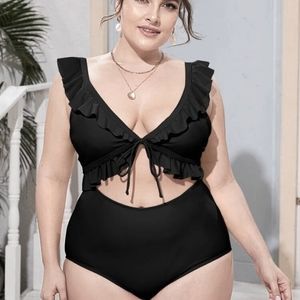 Black Cut Out Ruffle Swim Bathing Suit 2XL